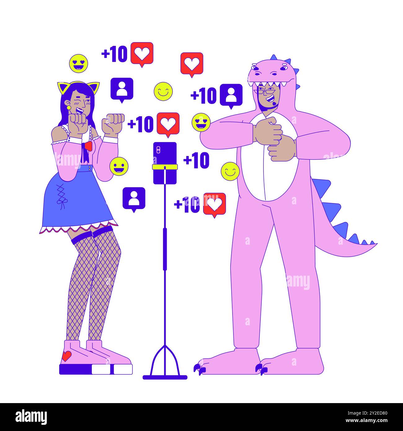 Friends viral dance on social media 2D linear illustration concept ...