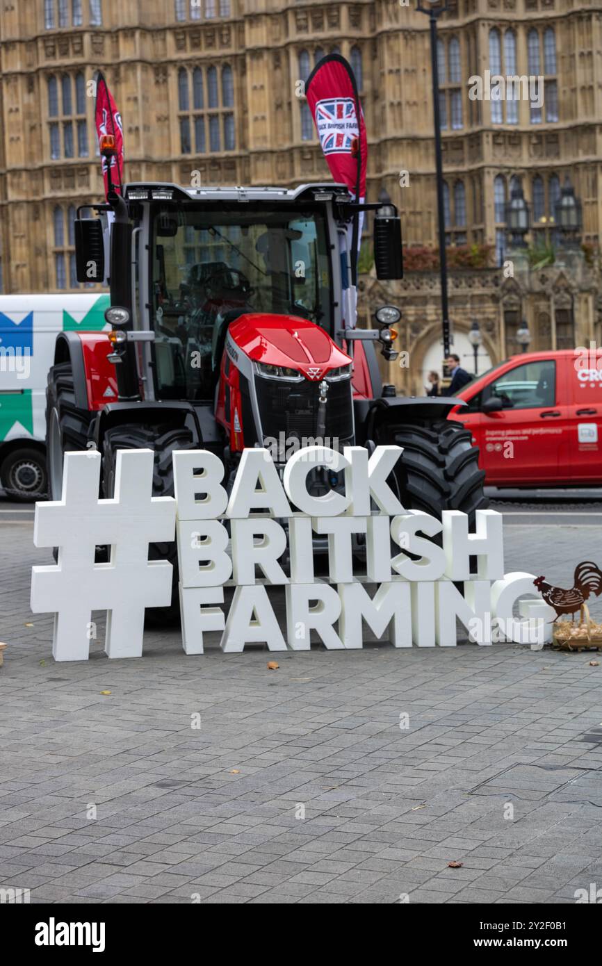 London, UK. 10th Sep, 2024. Ahead of Back British Farming Day on the 11th September the National Farmers Union (NFU) has brought a Massy Ferguson tractor and a display to Old Palace Yard, Westminster London UK Credit: Ian Davidson/Alamy Live News Stock Photo