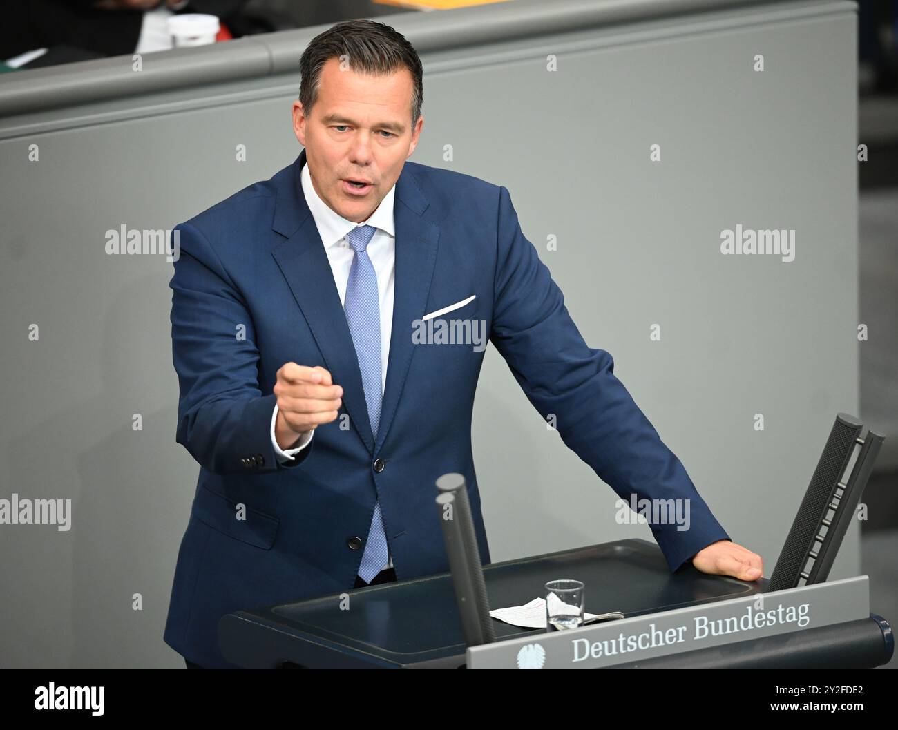 Berlin, Germany. 10th Sep, 2024. Gero Clemens Hocker (FDP), Deputy Chairman of the Committee on Food and Agriculture, speaks in the plenary chamber of the Bundestag. The Bundestag is debating the 2025 draft budget. Credit: Philip Dulian/dpa/Alamy Live News Stock Photo