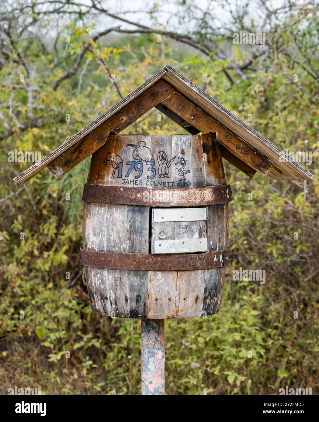 Historic post office barrel mailbox on Floreana Island, Galapagos Stock Photo