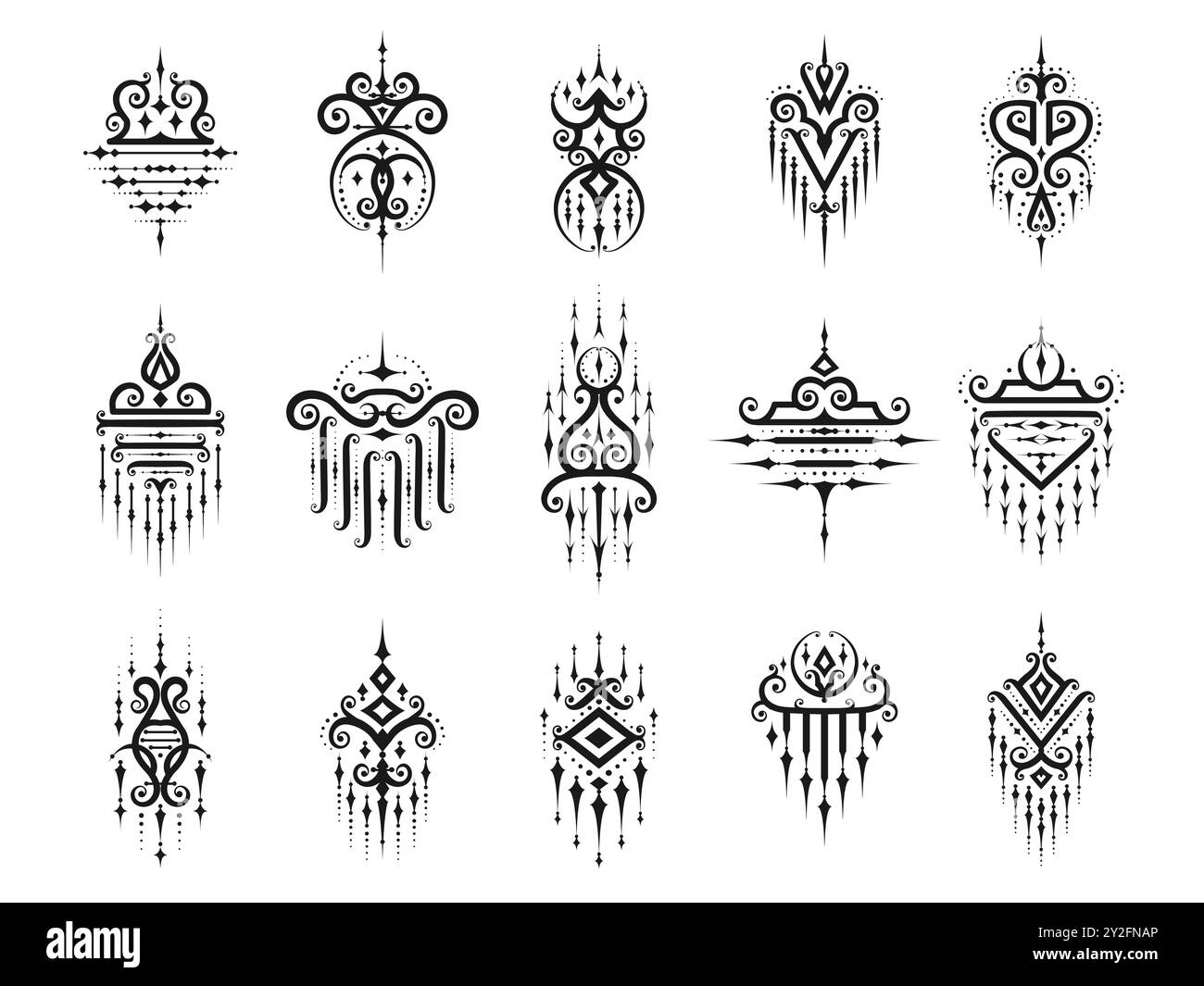 Sacred oriental Thai symbols for tattoo, Buddhism religious or Thailand ethnic ornaments, vector signs. Yantra or Sak Yant tattoo symbols of Thai culture and art, Buddha oriental sacred signs Stock Vector