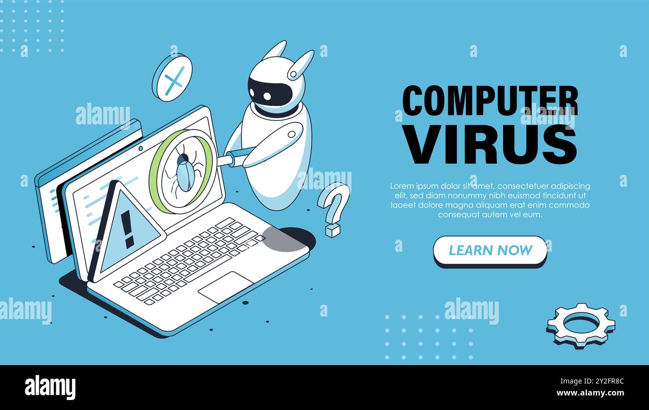 Isometric computer virus poster. Bot with magnifying glass near laptop ...