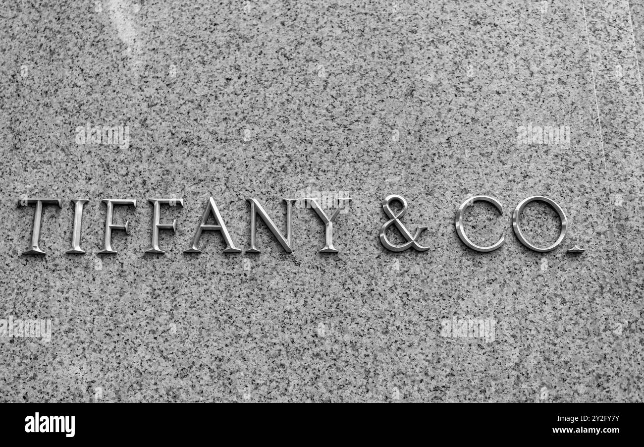  New York City, USA - July 9, 2023: Tiffany and Co retailer logo Stock 