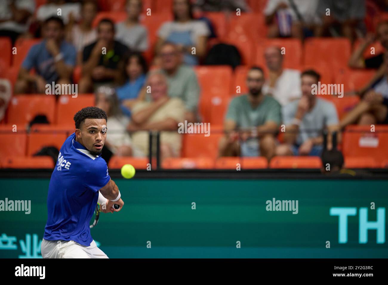Arthur Fils of France team  in action against Thanasi Kokkinakis of Australia team during the Davis Cup Final Group B singles match 1 on September 10, Stock Photo