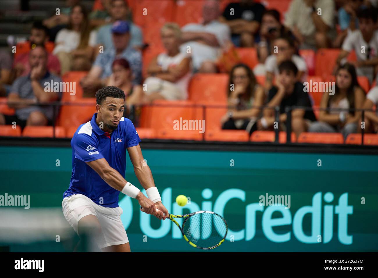 Arthur Fils of France team  in action against Thanasi Kokkinakis of Australia team during the Davis Cup Final Group B singles match 1 on September 10, Stock Photo