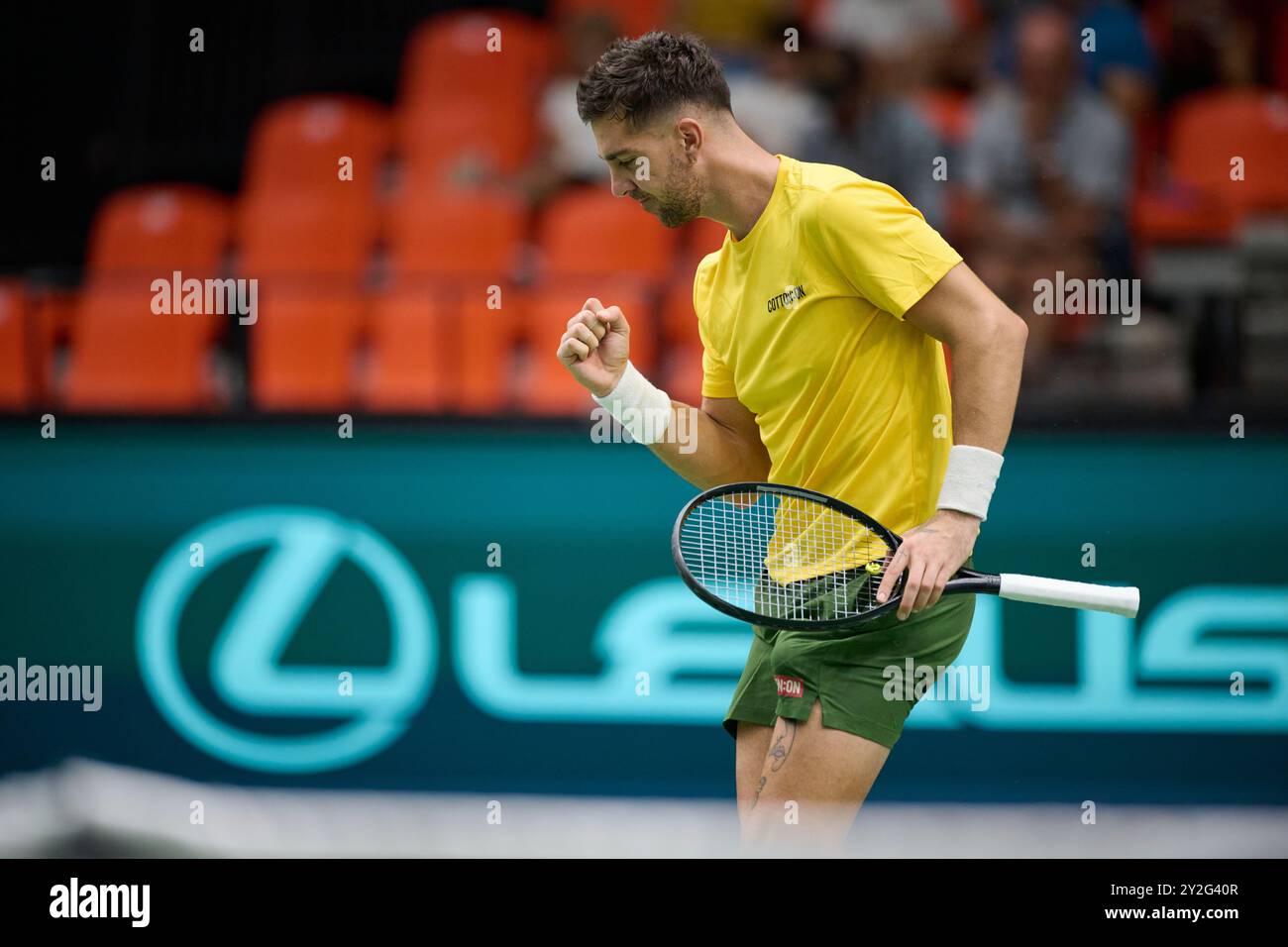 Thanasi Kokkinakis of Australia team in action against Arthur Fils of France team during the Davis Cup Final Group B singles match 1 on September 10, Stock Photo