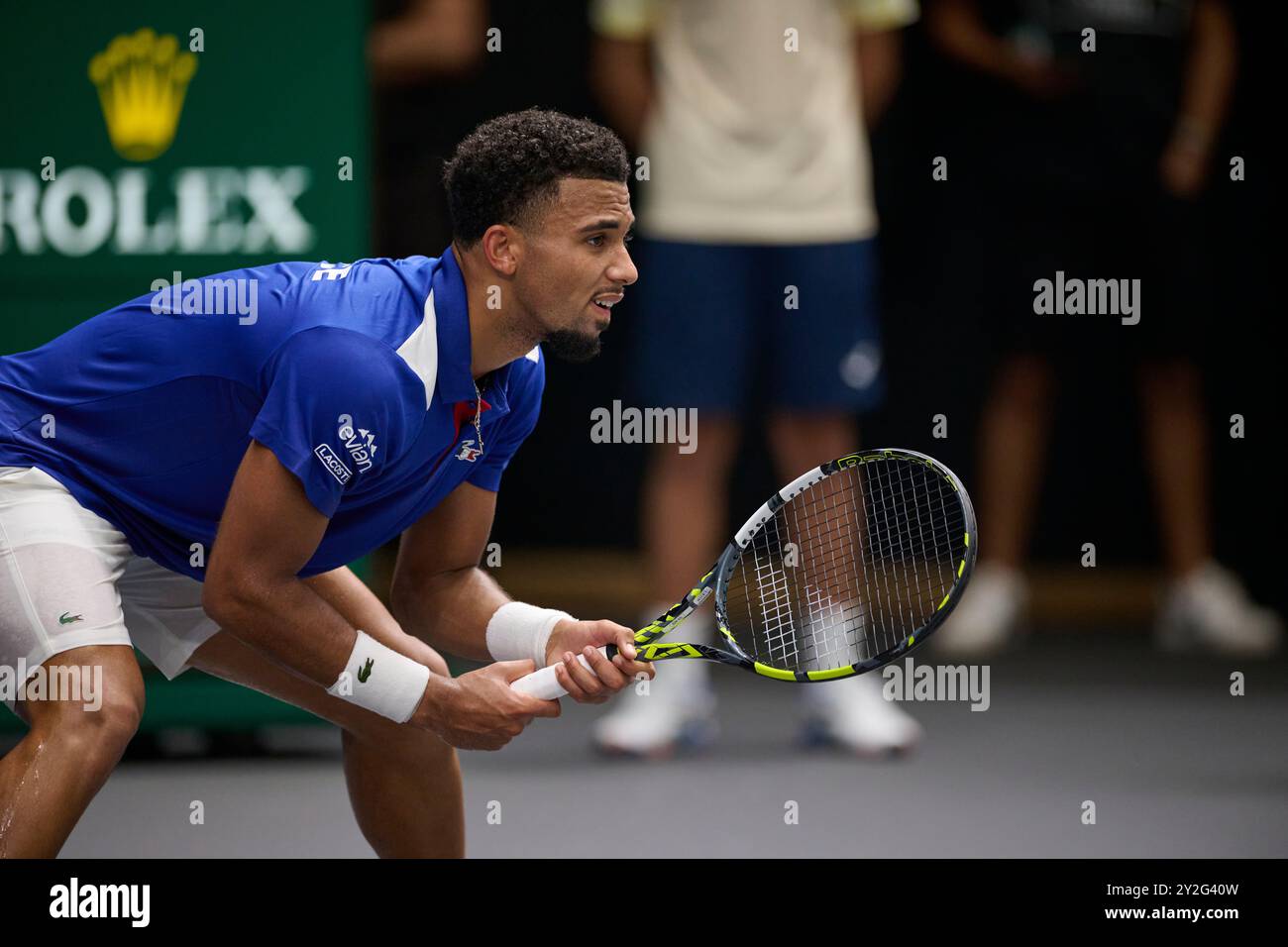 Arthur Fils of France team  in action against Thanasi Kokkinakis of Australia team during the Davis Cup Final Group B singles match 1 on September 10, Stock Photo