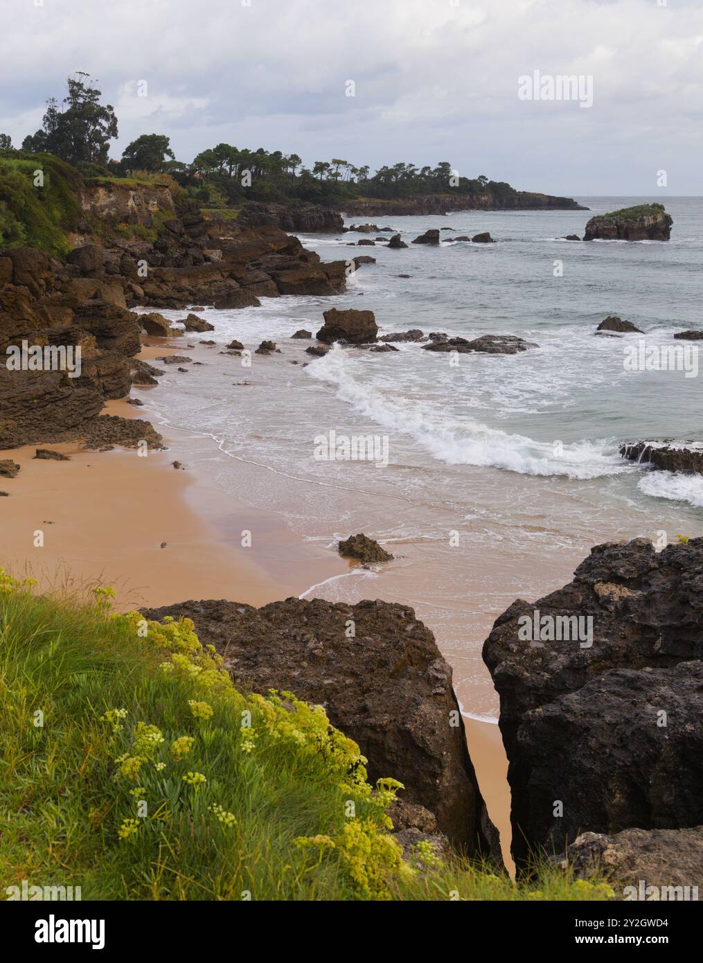 Playa Ris Cantabria, Spain, landscapes along short coastal walk between two town ...