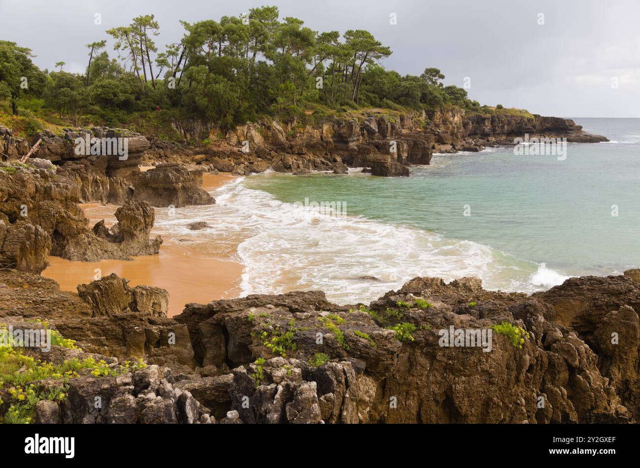 Playa Ris Cantabria, Spain, landscapes along short coastal walk between two town ...