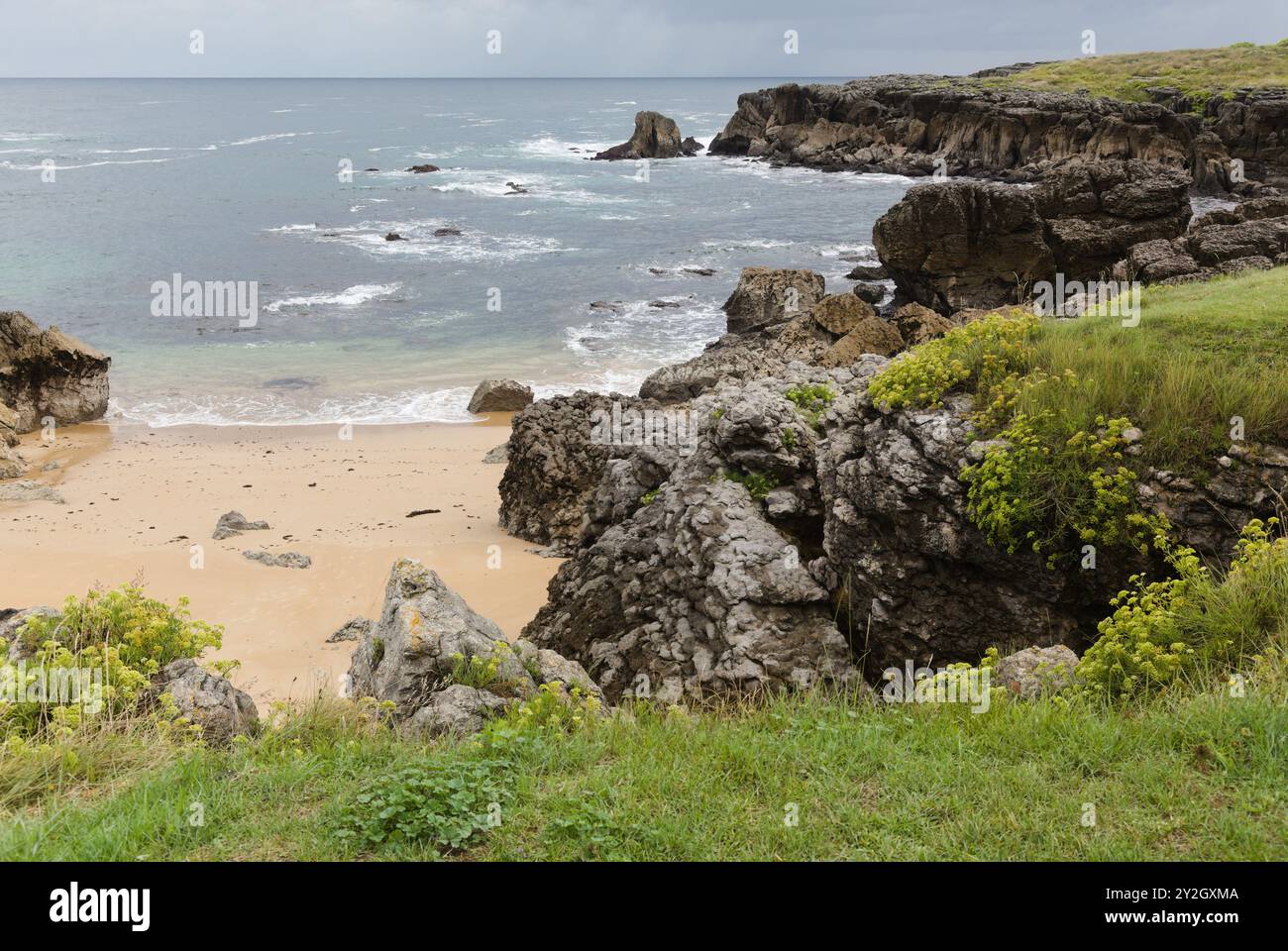 Playa Ris Cantabria, Spain, beach Playa de Ris in town of Noja, with karst ...