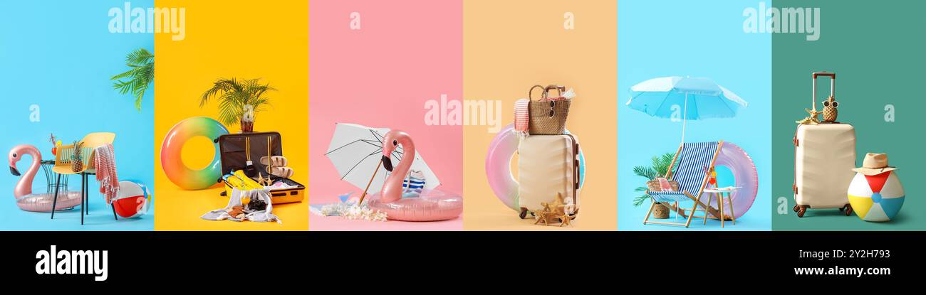 Set of beach accessories on color background Stock Photo