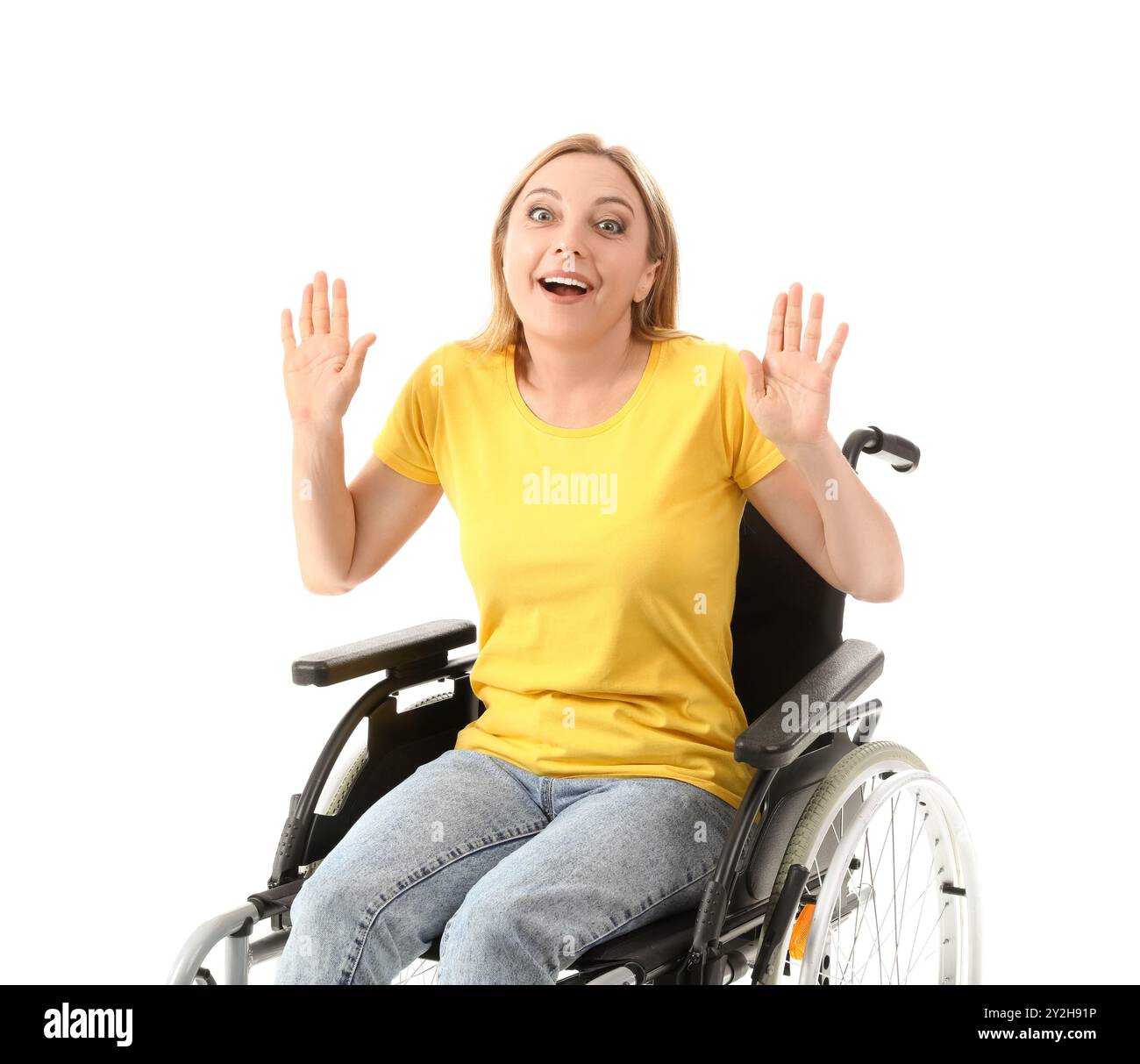 Happy mature woman in wheelchair on white background Stock Photo - Alamy