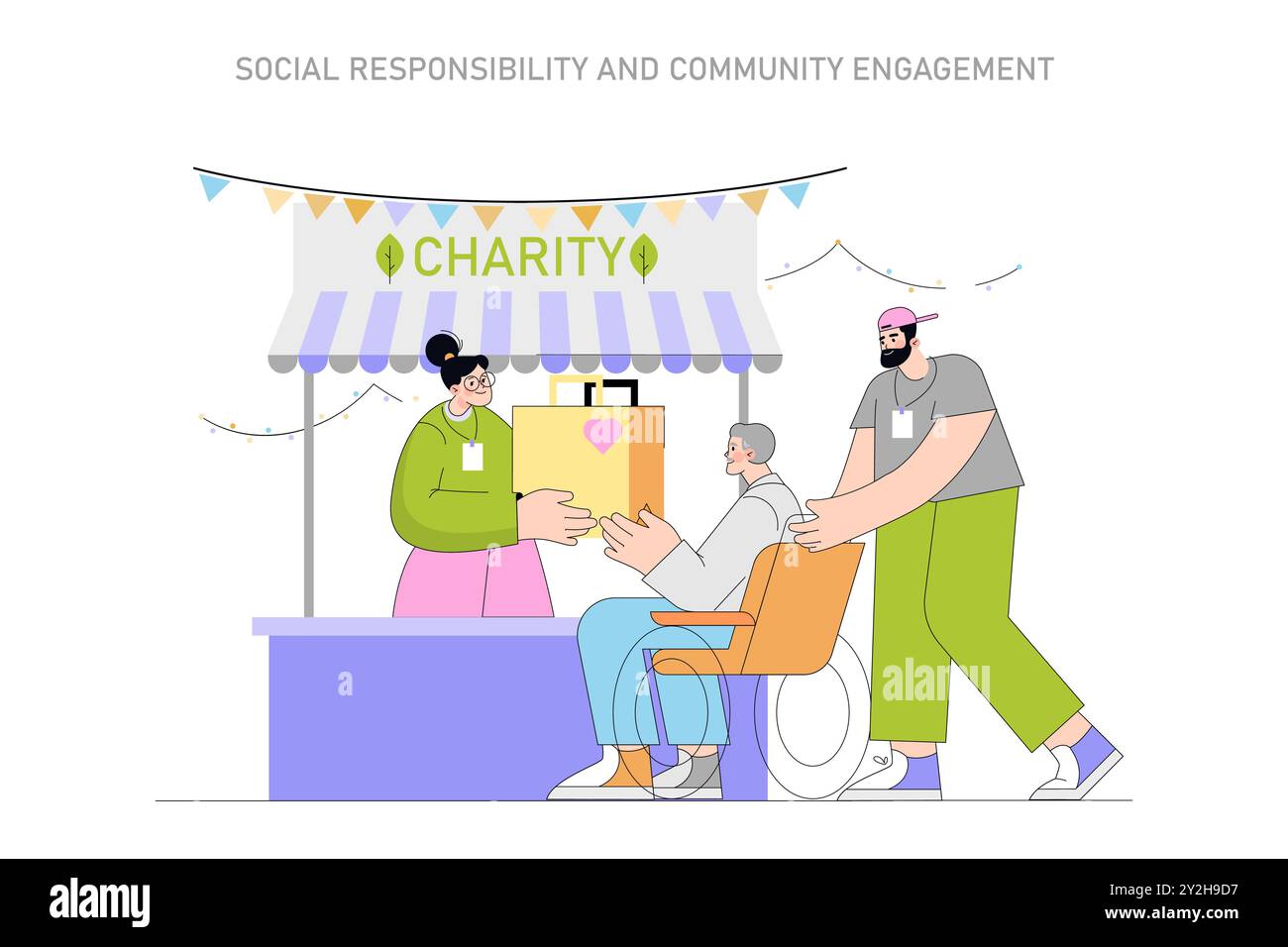 Community charity event illustration. Volunteers providing assistance to elderly person at a donation stall. Social engagement and support. Vector illustration. Stock Vector