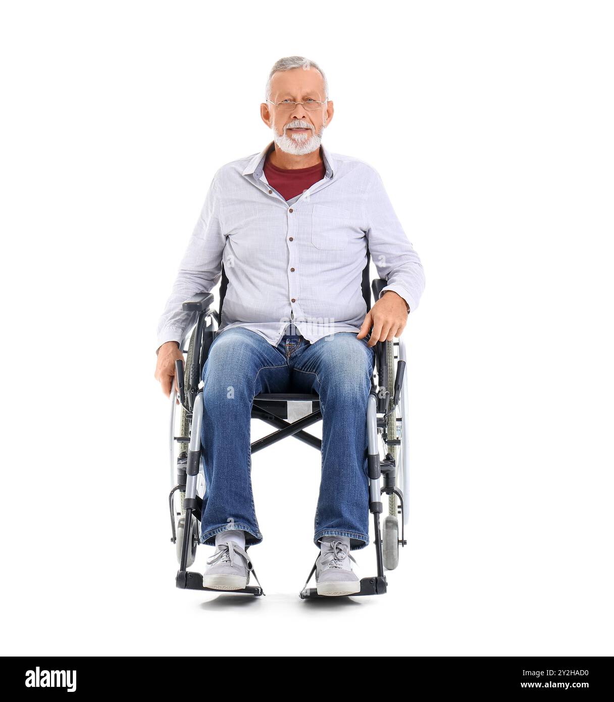 Senior man in wheelchair on white background Stock Photo - Alamy