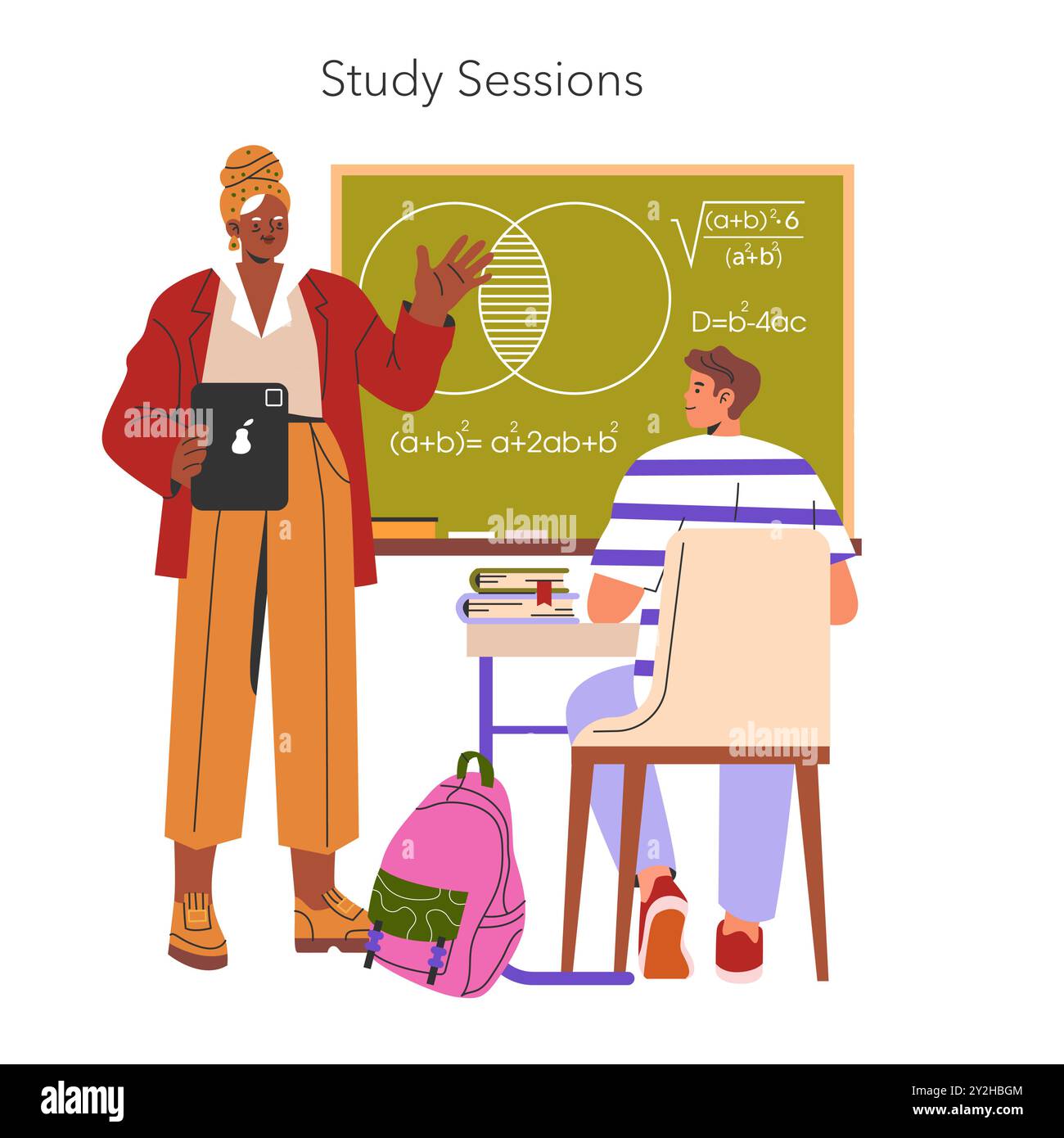 Freshman Year concept. A student attending a college math class with a professor teaching algebra. Academic study session, chalkboard equations. Vector illustration. Stock Vector