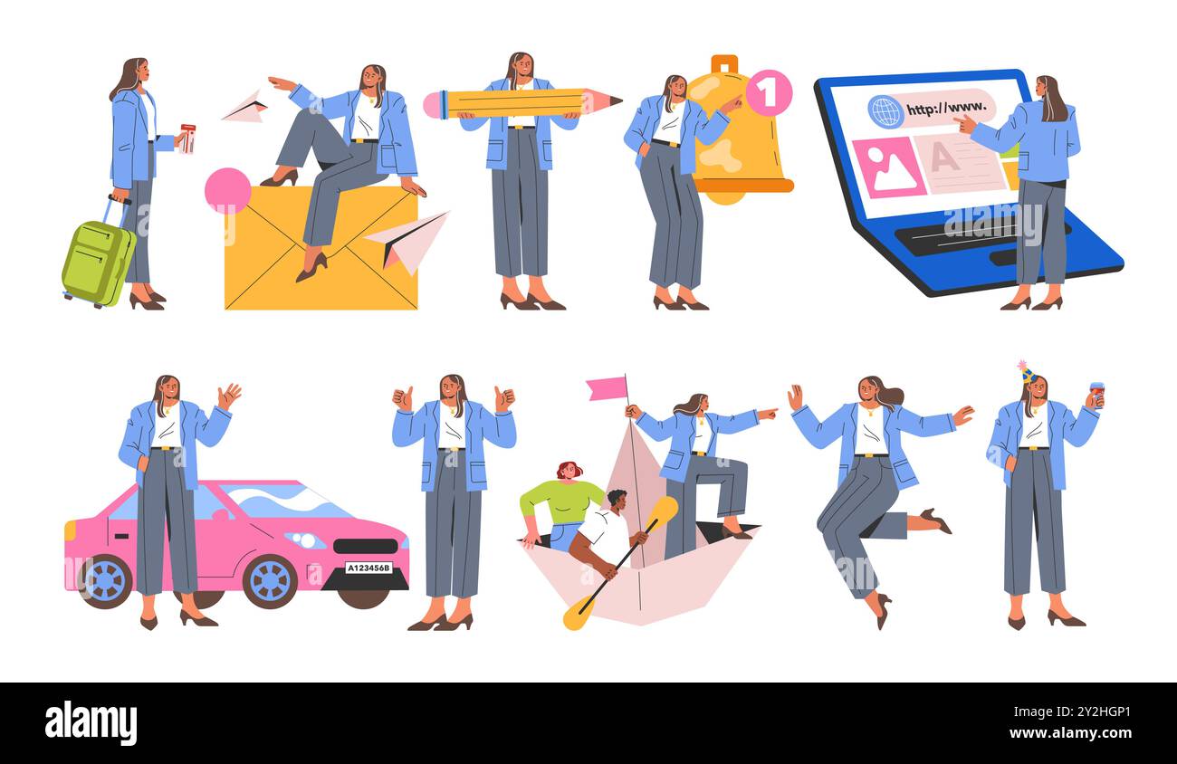 Businesswoman set. Dynamic professional female roles from travel to ...