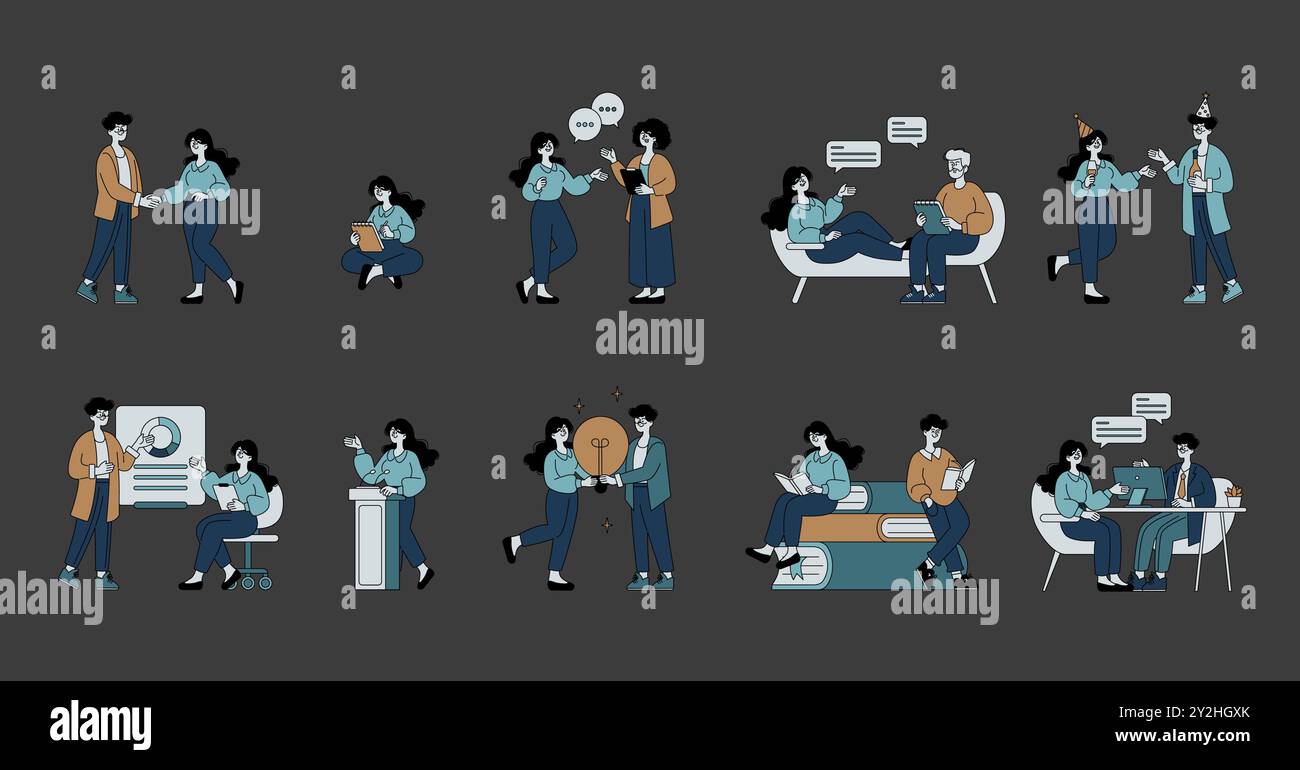 Collaborative Interactions Business People set. Diverse workplace activities including discussions ...