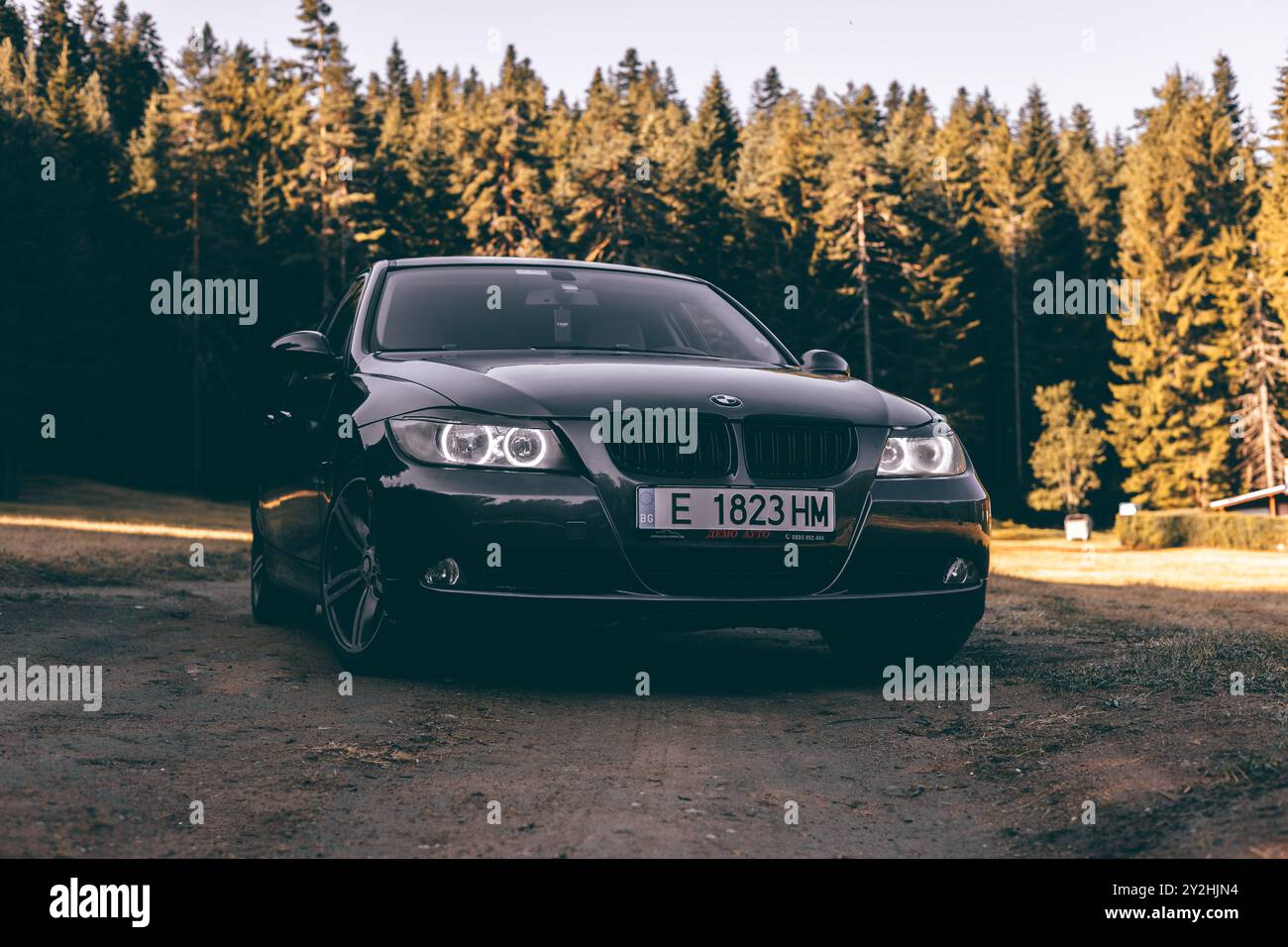 Bulgaria - 10 02 2024: Angel eyes headlights on a 3 series BMW e90. Stock Photo