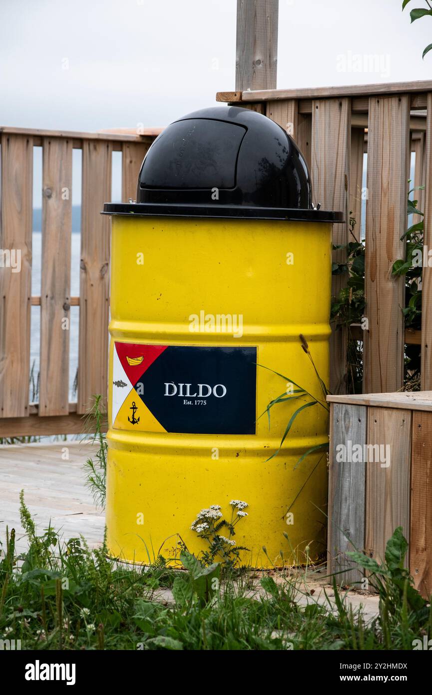 Yellow garbage can at the lookout in Dildo, Newfoundland & Labrador, Canada Stock Photo