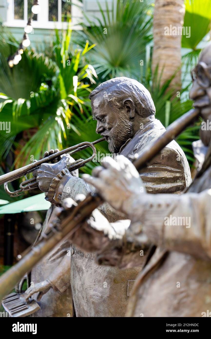 Statue of jazz musician Al 'Jumbo' Hirt at Cafe Beignet, Bourbon Street, New Orleans, Louisiana, USA Stock Photo