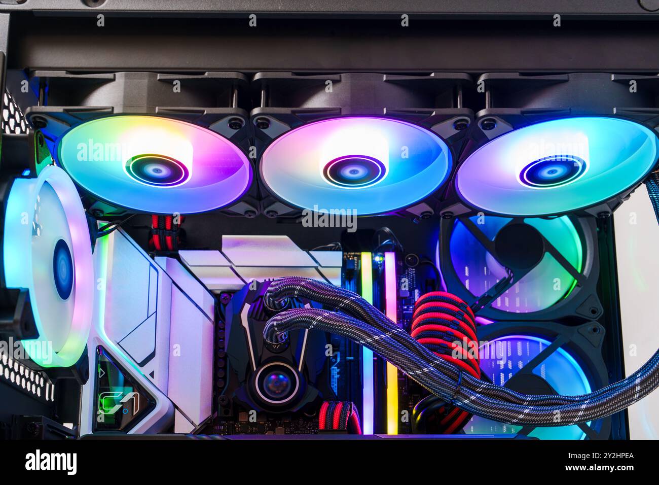 Color Computer Multivue Computer case with multiple cooling fans illuminated with different ...