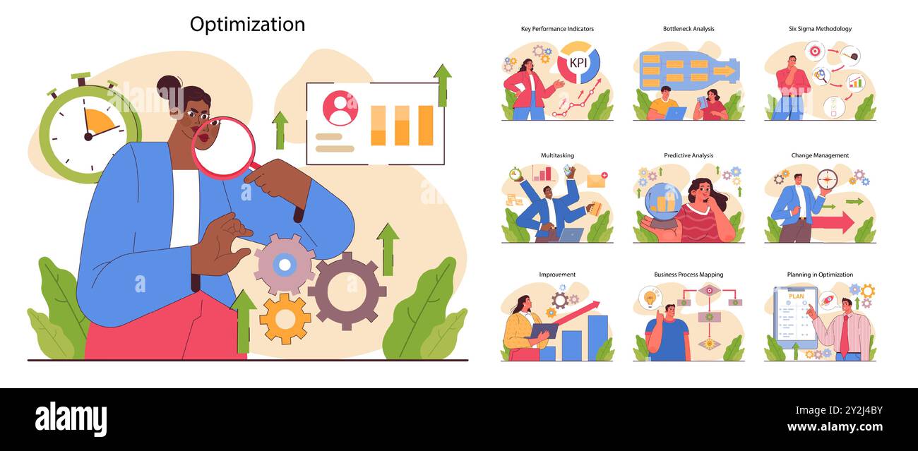 Business processes optimization set. Productive employee with efficient ...