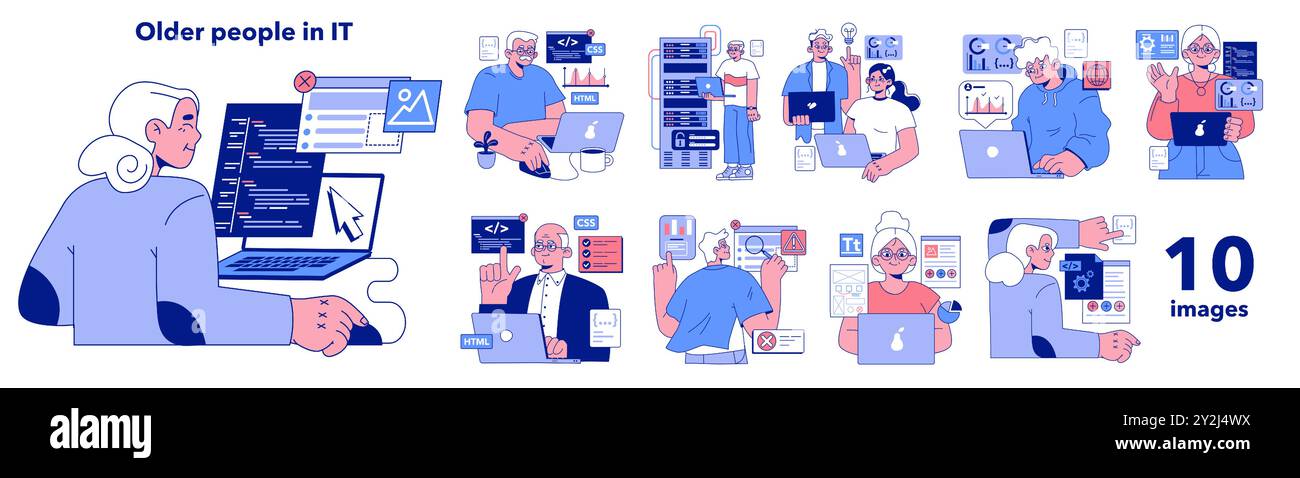 Senior developer set. Old people programming and coding. Developing and maintaining website and app. Oldster IT specialists working in server and data processing centers. Flat vector illustration Stock Vector