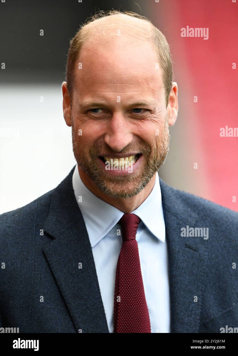 Llanelli, Wales UK 10th Sep 2024 HRH Prince William, Prince of Wales visits Parc y Scarlets, the home of the Scarlets Rugby Union team on a visit to Llanelli, South Wales. His Royal Highness met with members of the current Wales female international team who have recently qualified for the 2025 World Cup, and also handed out caps and brooches in support of the WRU's 'Missing Caps' campaign. His day trip also included a visit to the Wales Air Ambulance of which he is patron, and to Swiss Valley Community Primary School where he met students who took part in the 2024 Urdd Eisteddfod. Stock Photo