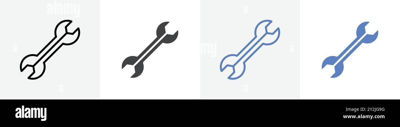 double wrench icon linear thin line icon graphics set black and white Stock Vector