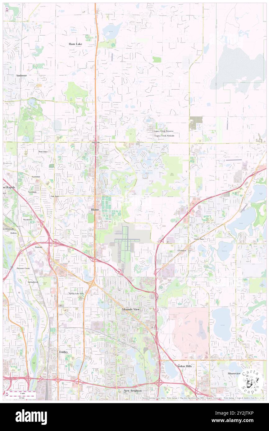 Blaine, Anoka County, US, United States, Minnesota, N 45 9' 38'', S 93 14' 5'', map, Cartascapes Map published in 2024. Explore Cartascapes, a map revealing Earth's diverse landscapes, cultures, and ecosystems. Journey through time and space, discovering the interconnectedness of our planet's past, present, and future. Stock Photo