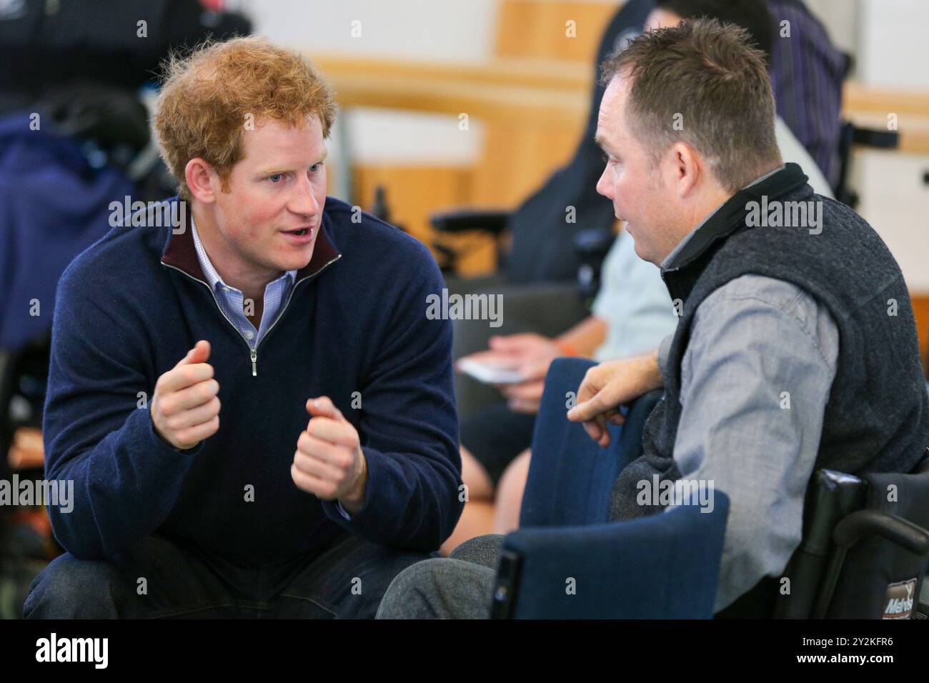 Prince Harry meets patients on his visit to the Auckland Spinal Rehabilitation Unit, Middlemoor Hospital, Auckland, New Zealand, Friday, May 15, 2015. Stock Photo