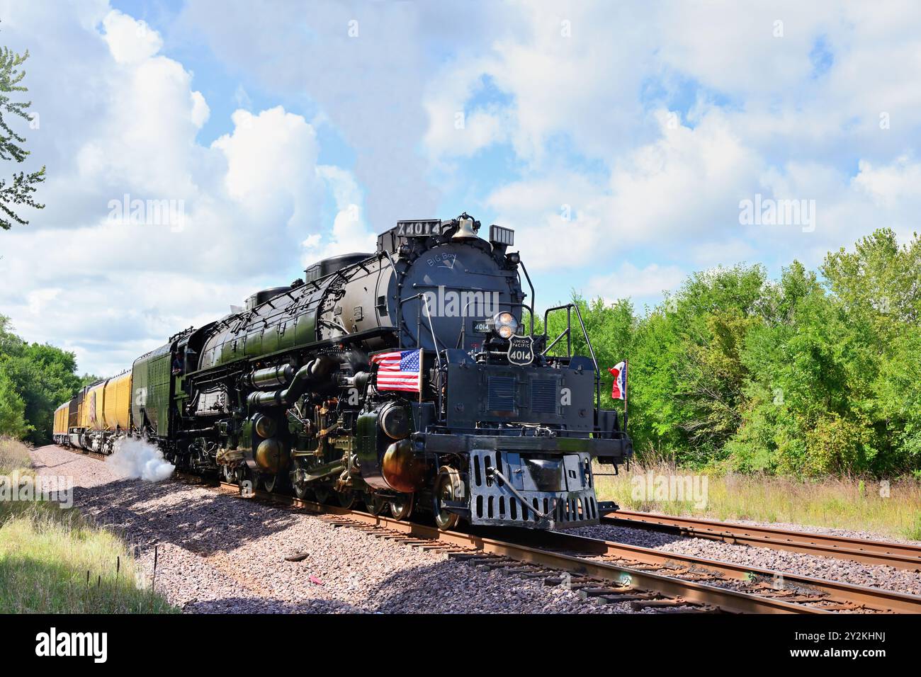 Fulton, Illinois, USA. The largest steam locomotive ever built a Union Pacific Railroad 'Big Boy' after crossing the Mississippi River into Illinois. Stock Photo