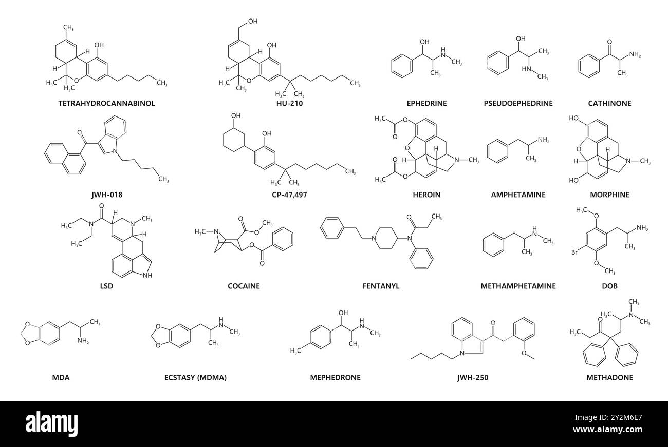 Synthetic and organic drug molecules and formulas. Vector chemical structures set of hu 210, tetrahydrocannabinol, ephedrine, pseudoephedrine, cathinone, amphetamine, lsd, cocaine, methadone, fentanyl Stock Vector