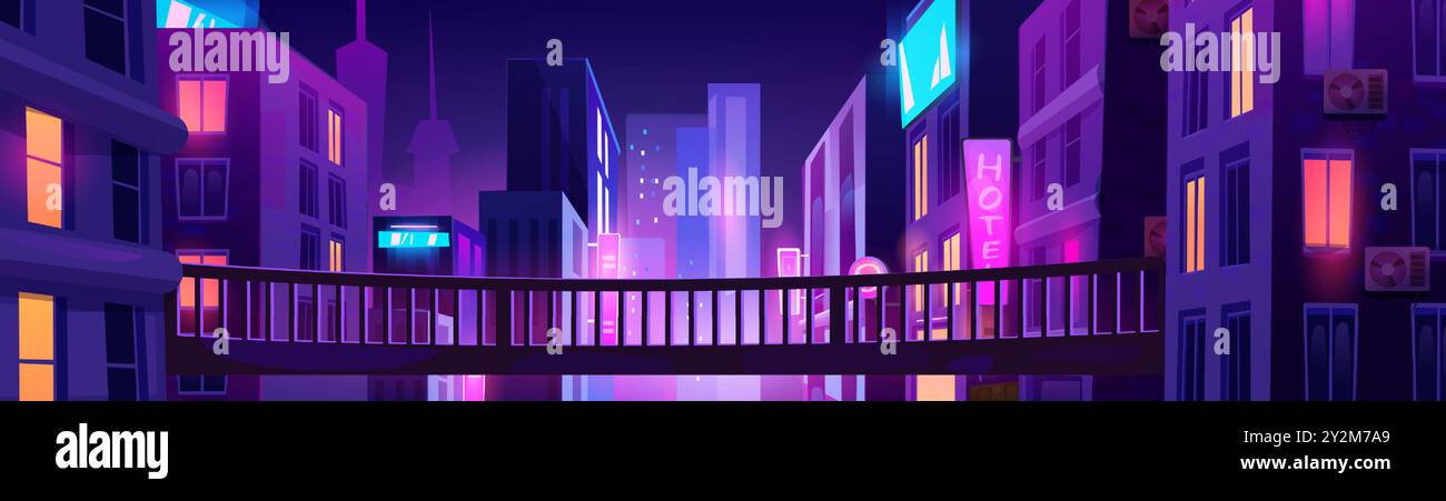 Night downtown street landscape with neon glow effect. Cartoon vector ...