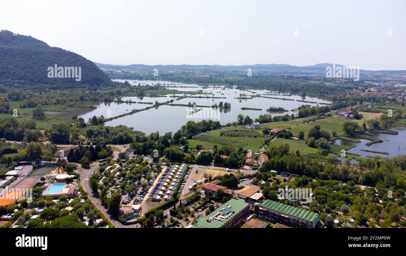 Lake Iseo at Daytime. Drone shot. Blue lake Stock Photo
