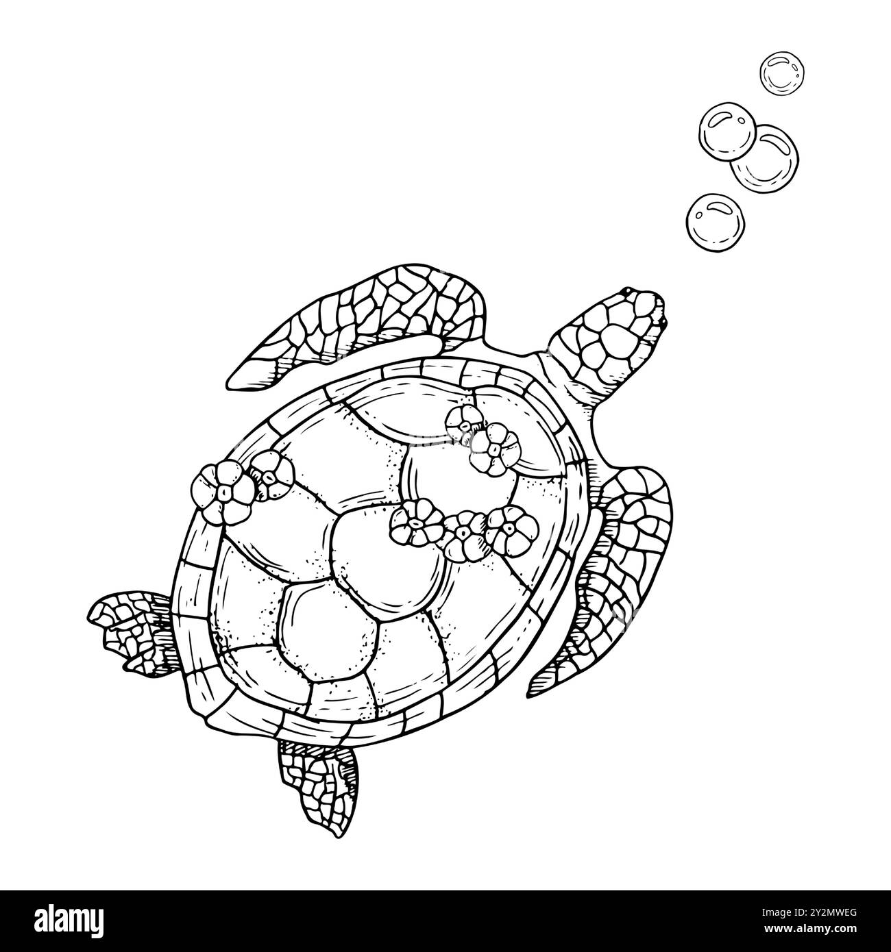 Line sea turtle swimming among air bubbles black and white vector illustration. Ink monochrome marine animal Stock Vector