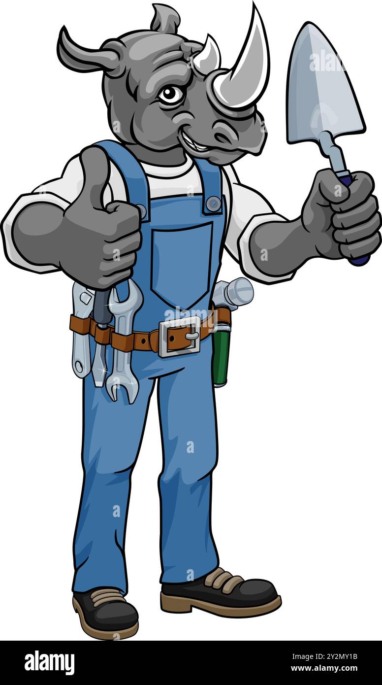 Rhino Bricklayer Builder Holding Trowel Tool Stock Vector