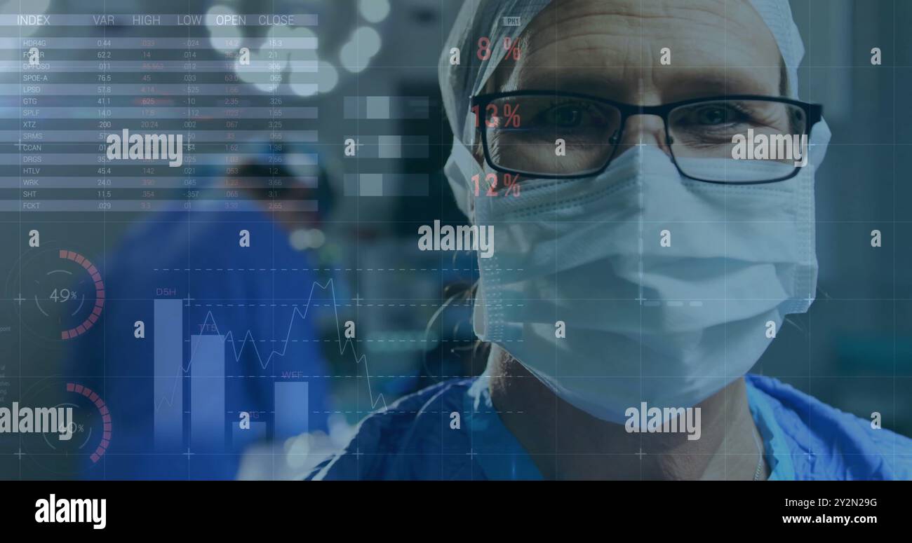 Image of statistics and data processing over caucasian male surgeon Stock Photo