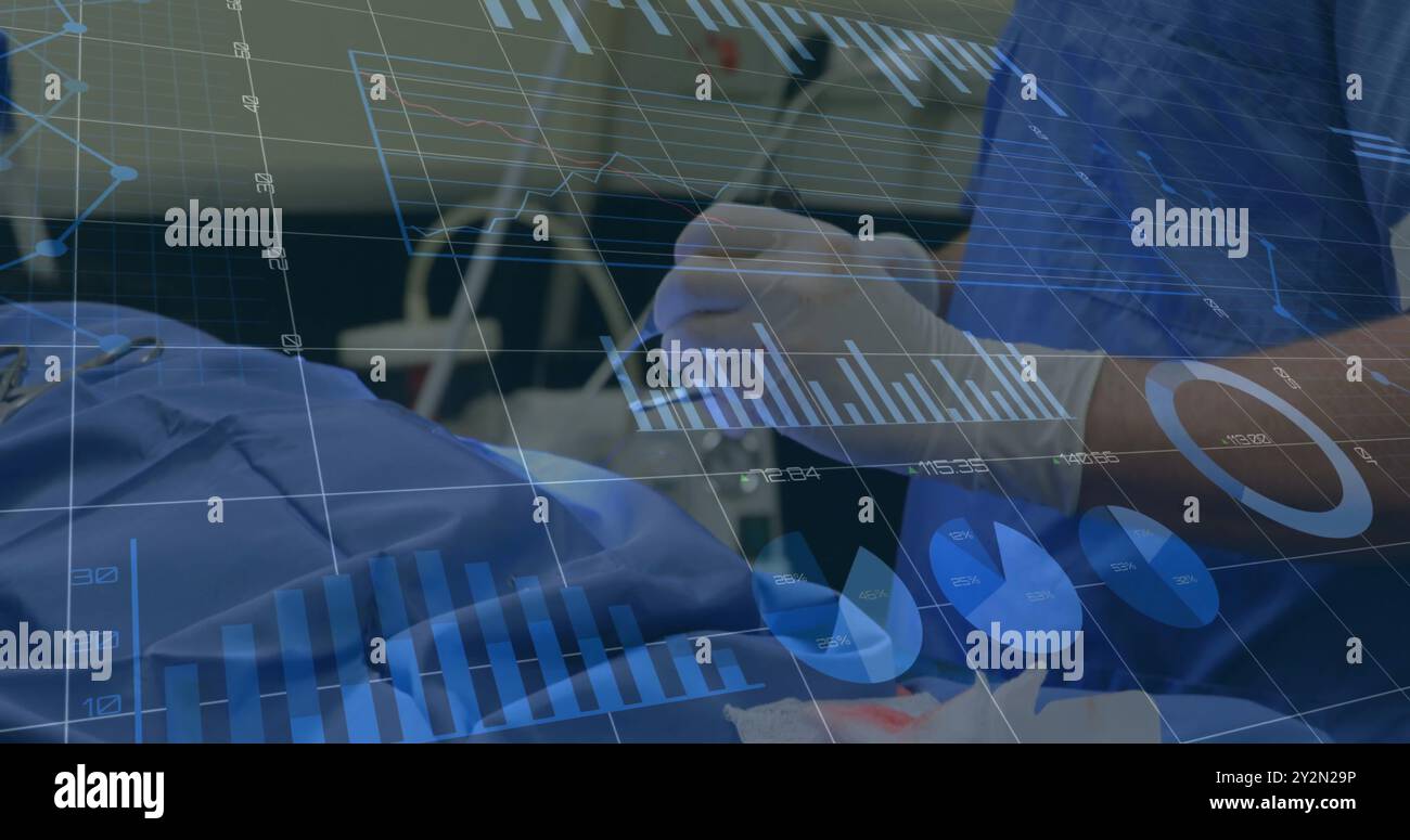 Image of statistics and data processing over caucasian male surgeon Stock Photo