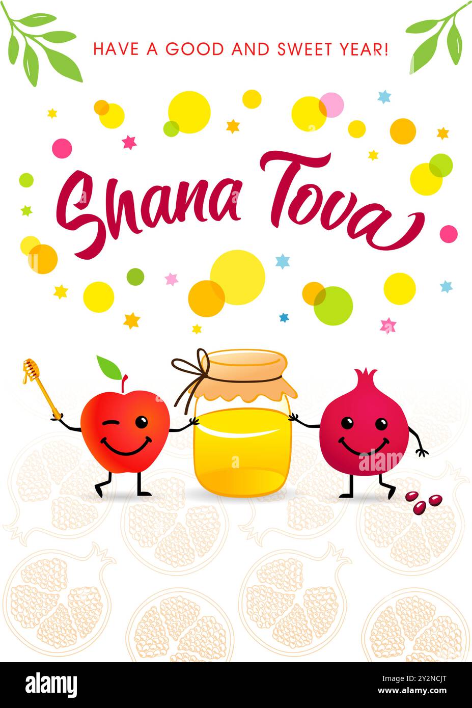 Shana Tova 2024 holiday banner with honey, funny apple and pomegranate emoji icons. Celebrate Rosh Hashanah 2024 with joy and warmth! Creative vector Stock Vector