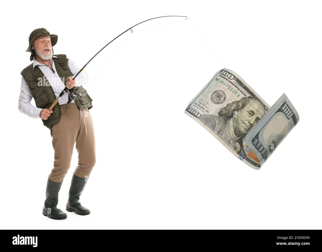 commercial with guy holding a fishing pole with a dollar Fisherman catching dollar banknote with rod on white background. Money  chase concept Stock Photo
