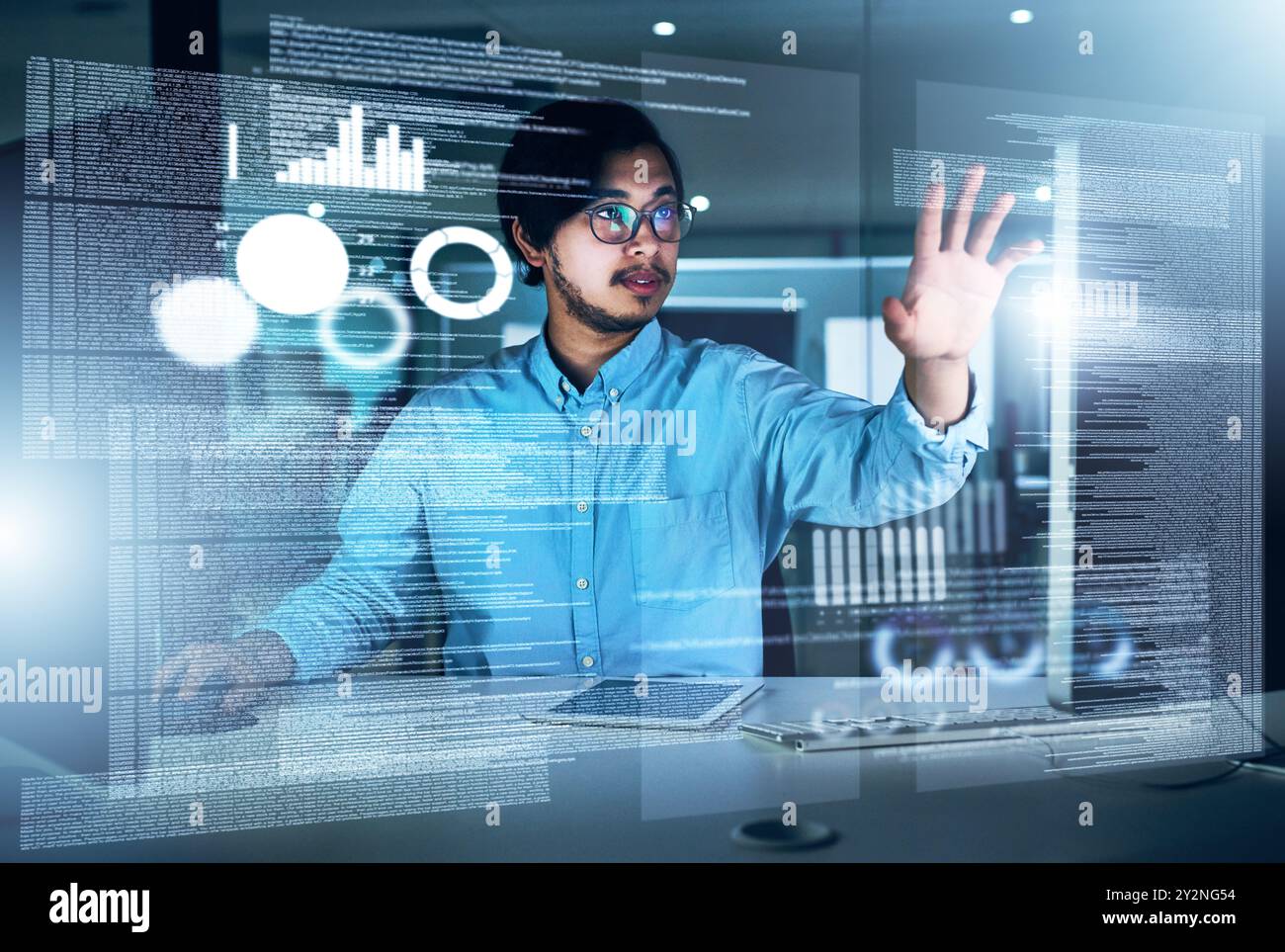 Man, data scientist and programming code in typing for innovation or web research. Computer engineering, technology and market analysis for blockchain Stock Photo