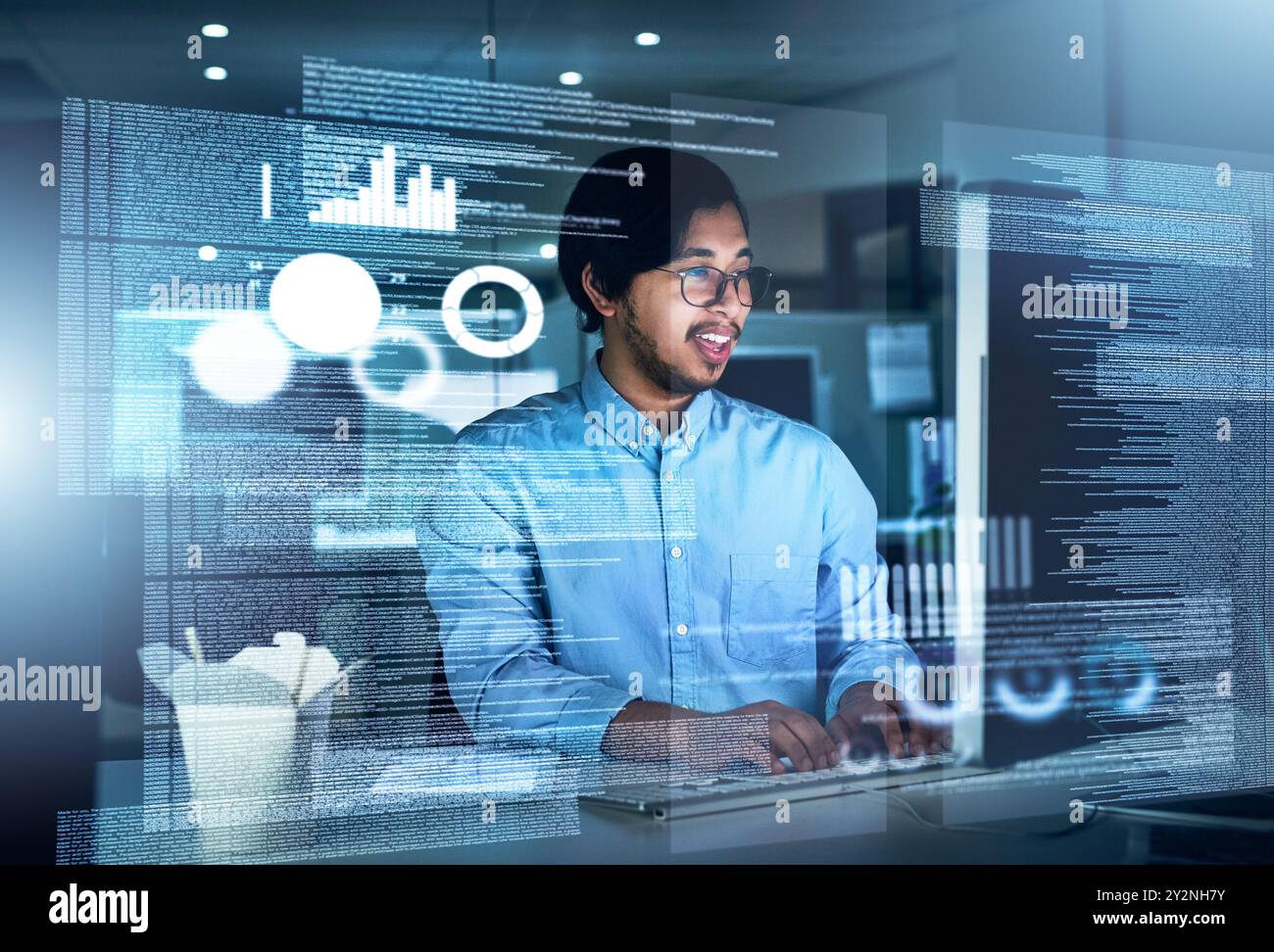 Man, computer engineering and programming code in typing for innovation or web research. Data scientist, technology and cybersecurity for blockchain Stock Photo