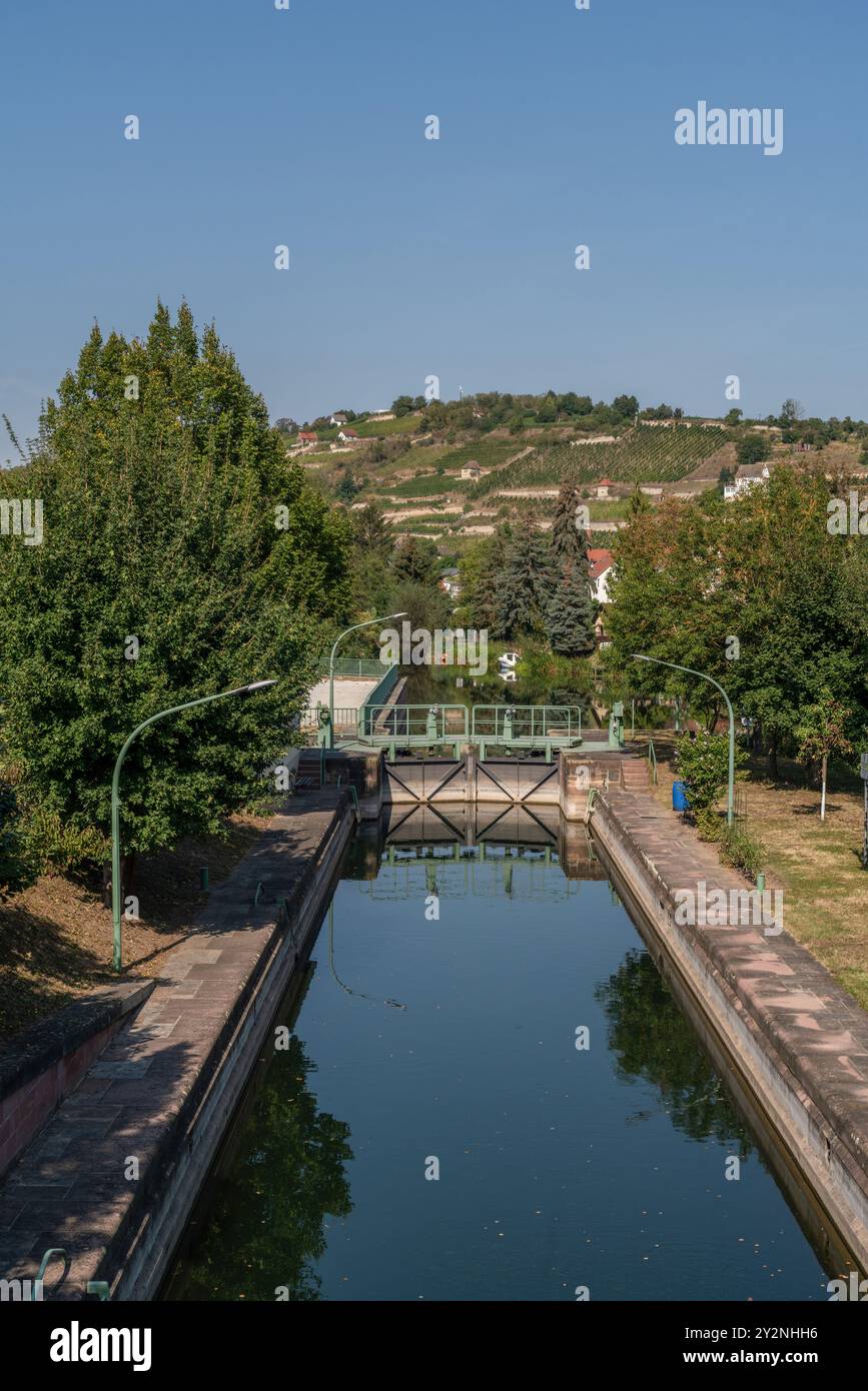 Schleuse Freyburg - a historical lock on a canal adjacent to the river Unstrut in Feyburg, Saale Unstrut wine region, Saxony Anhalt, Germany, Europe Stock Photo