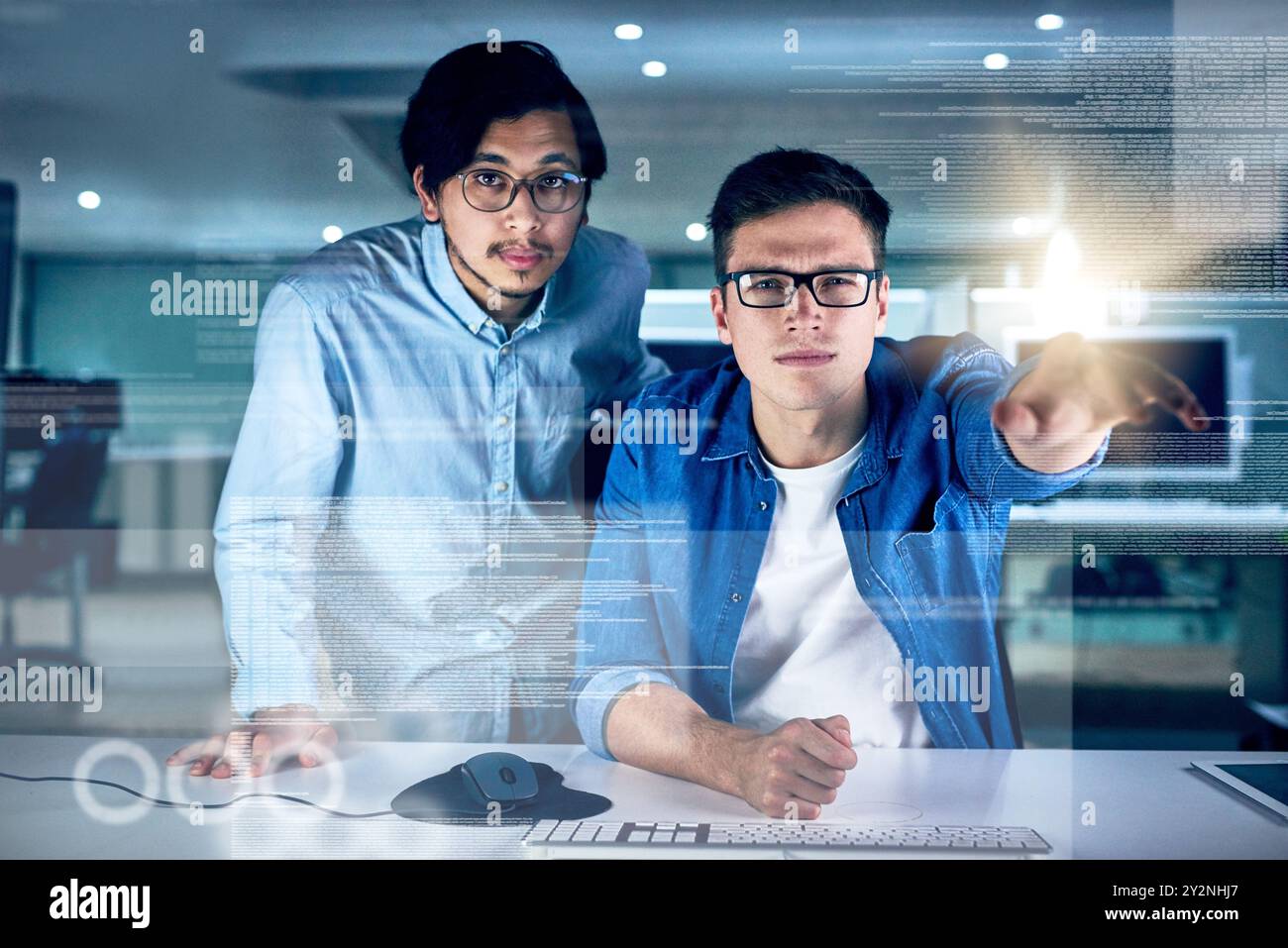 Portrait, men and coding overlay at night for data developing, software programmer and digital interface. People, it and futuristic hub with dashboard Stock Photo