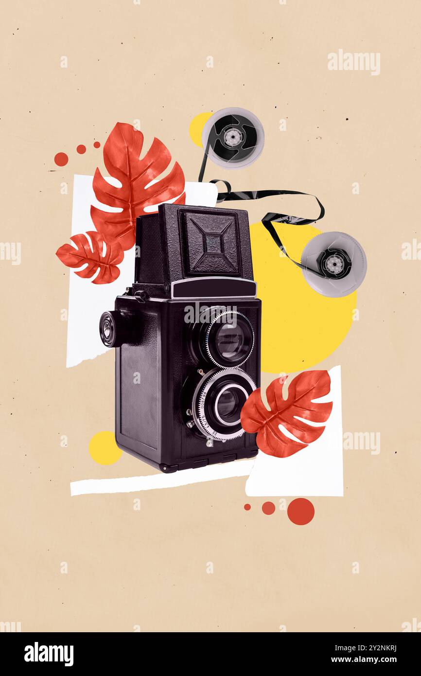 Camera Collage Background Collage vertical artwork of old retro vintage camera isolated on ...