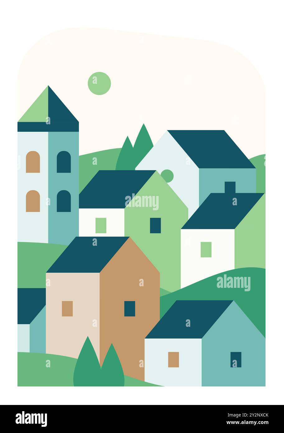 city landscape with buildings, hills and trees, Village landscape ...