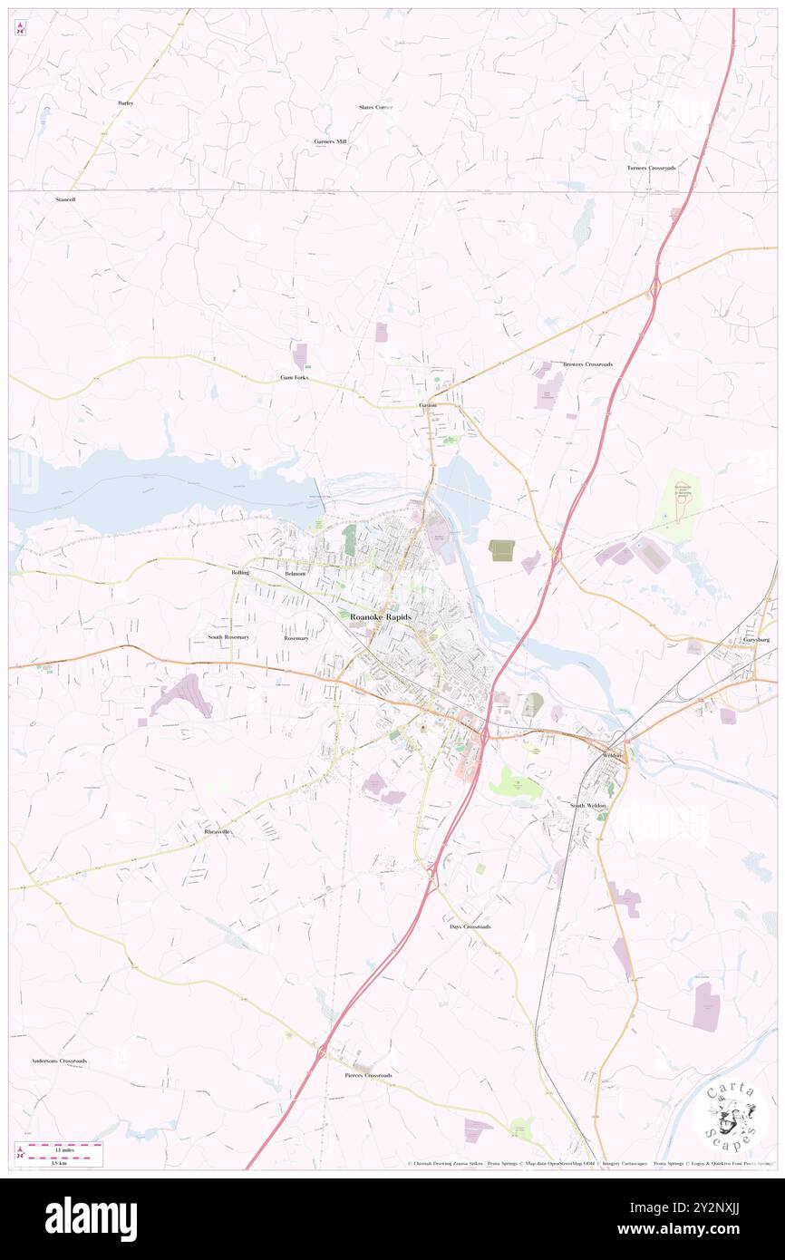 Roanoke Rapids, Halifax County, US, United States, North Carolina, N 36 27' 41'', S 77 39' 14'', map, Cartascapes Map published in 2024. Explore Cartascapes, a map revealing Earth's diverse landscapes, cultures, and ecosystems. Journey through time and space, discovering the interconnectedness of our planet's past, present, and future. Stock Photo