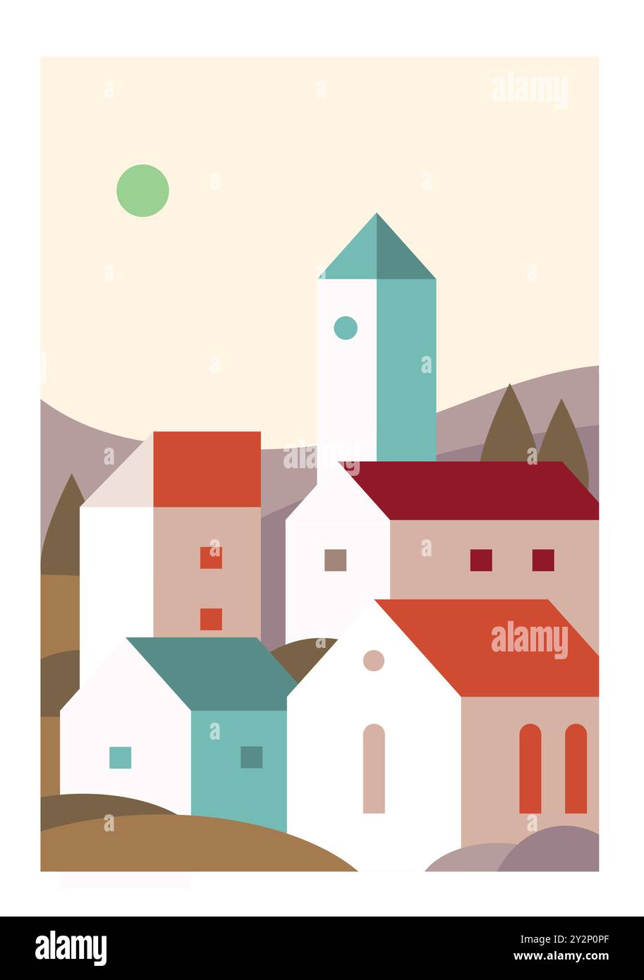 city landscape with buildings, hills and trees, Village landscape ...