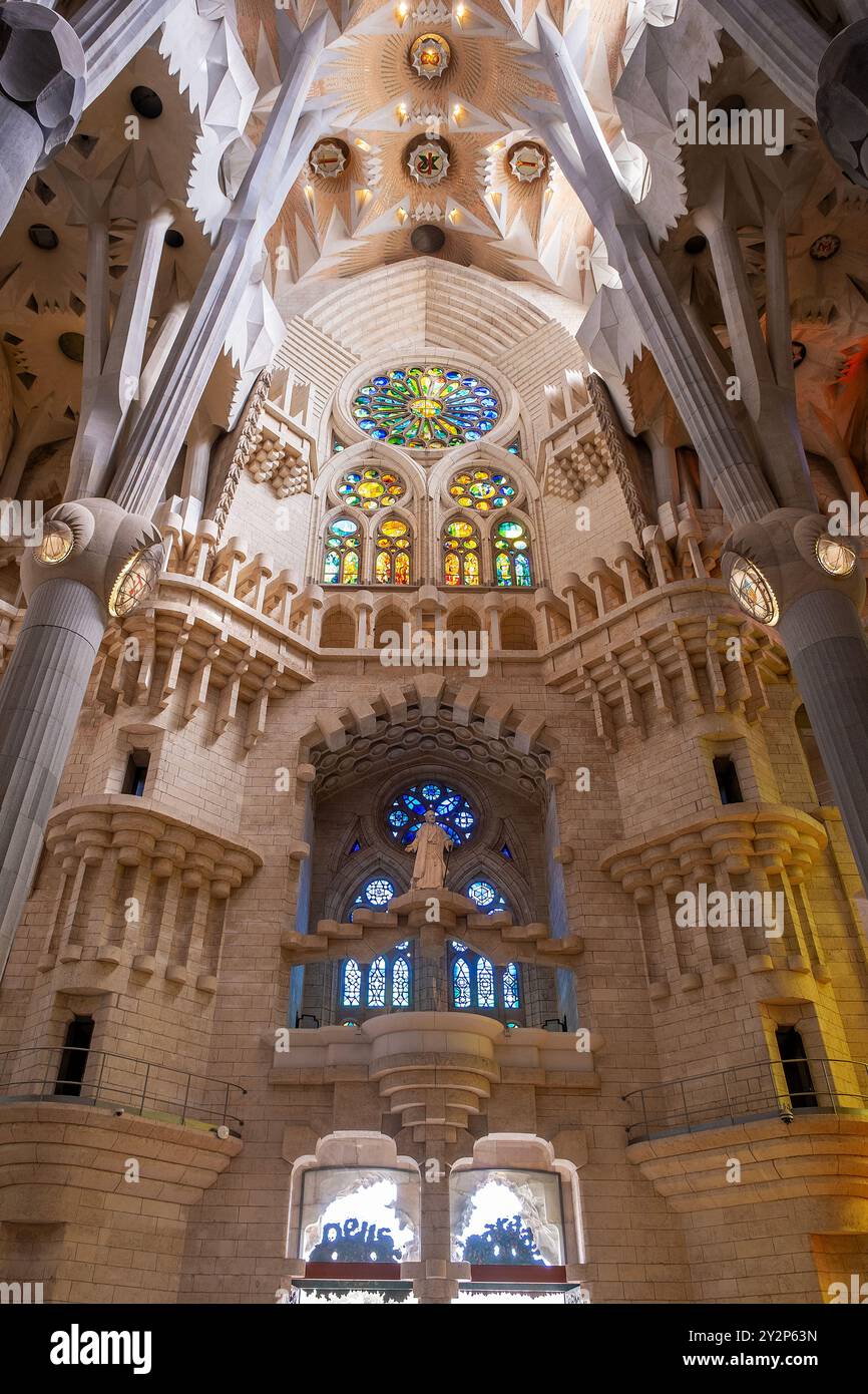 Sagrada Familia, Barcelona. Interior view of the columns and stained ...